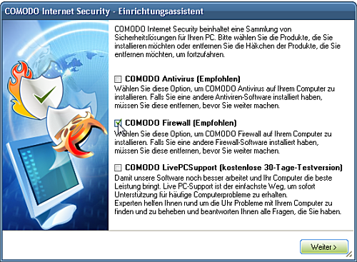 Das Installationsprogramm der Comodo Internet Security bietet verschiedene Optionen an